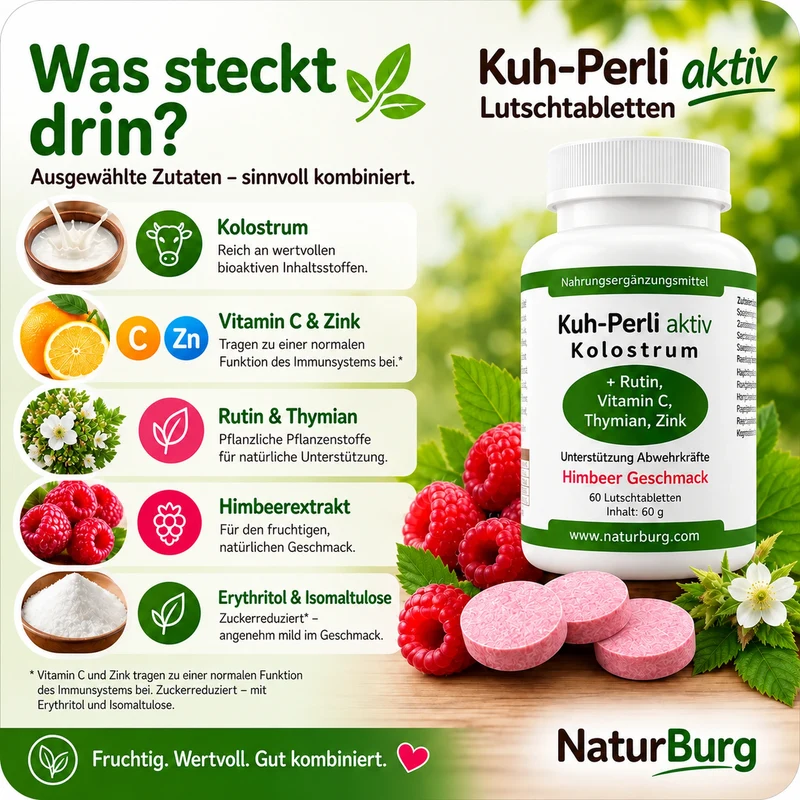 Kuh-Perli aktiv 60 Kolostrum Lutschtabletten Himbeere
