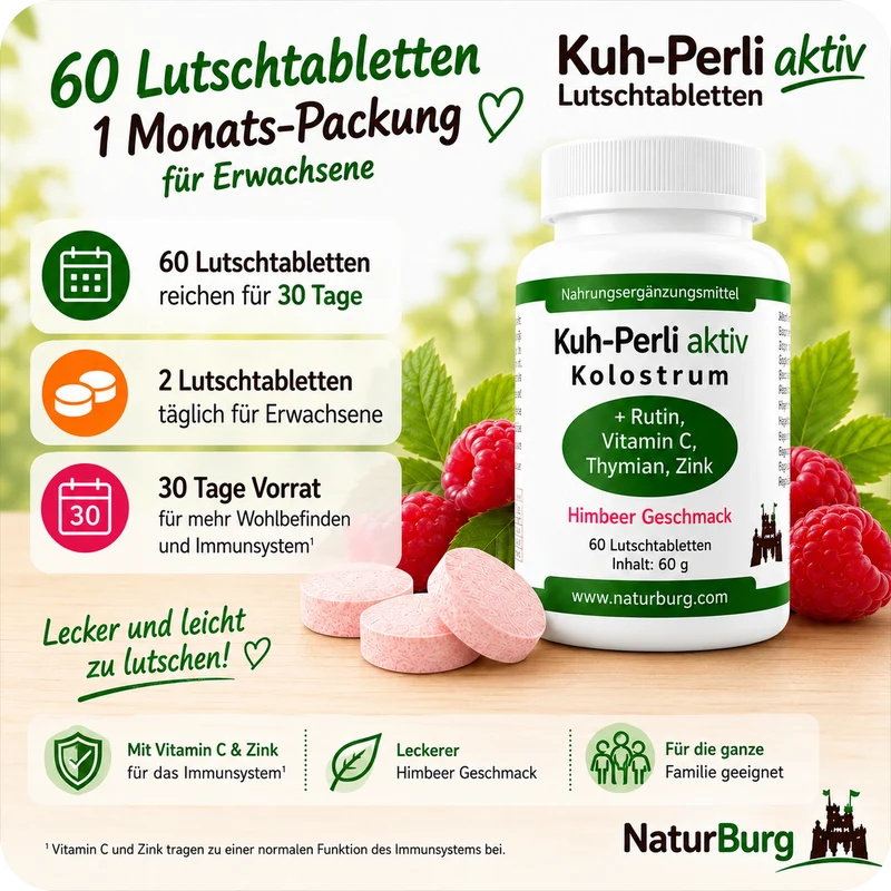 Kuh-Perli aktiv 60 Kolostrum Lutschtabletten Himbeere