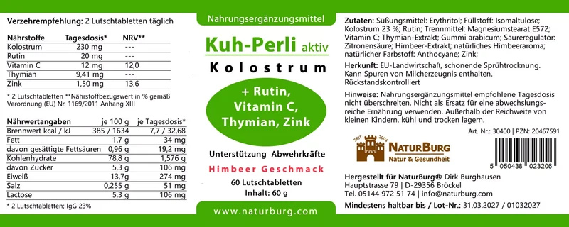 Kuh-Perli aktiv 60 Kolostrum Lutschtabletten Himbeere