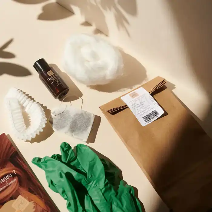 Basic Zubehör Set für Pflanzenhaarfarben (Watte, Shampoo, Handschuhe, Haube, Schwarztee, Anleitung)