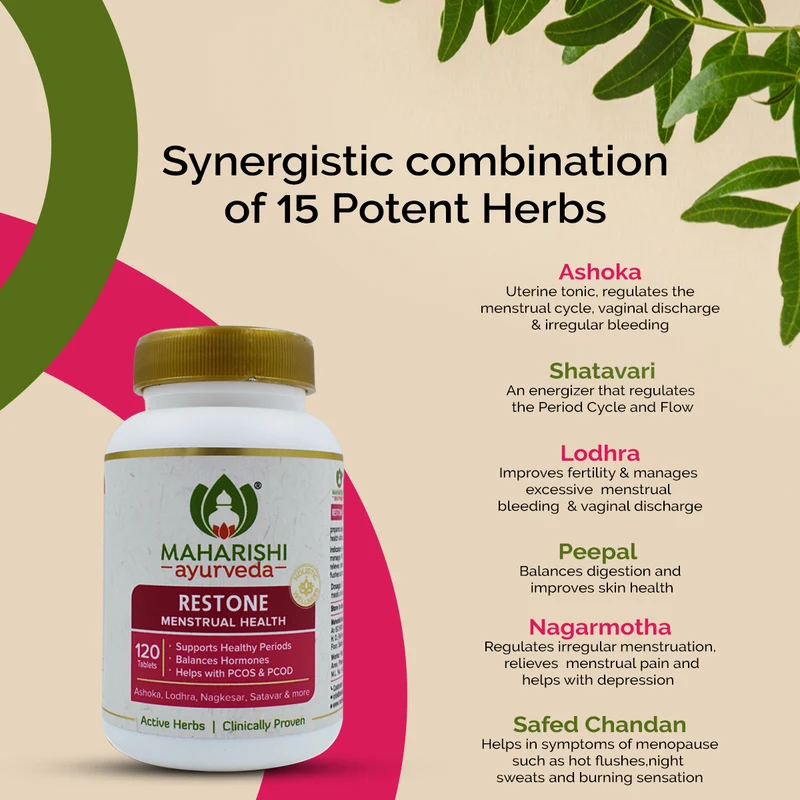 Maharishi Ayurveda Restone Tablets| For Healthy Periods| Regulates Menstrual Cycle | For Managing PCOD & PCOS- 120 Tablets Pack