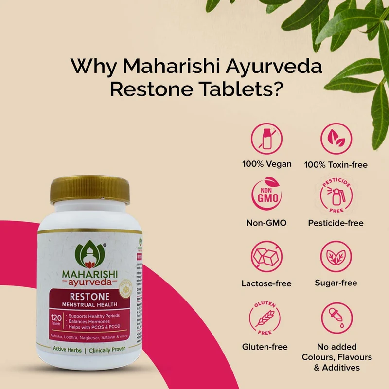 Maharishi Ayurveda Restone Tablets| For Healthy Periods| Regulates Menstrual Cycle | For Managing PCOD & PCOS- 120 Tablets Pack