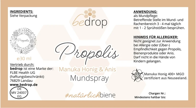 Propolis Halsspray / Mundspray mit Manuka Honig & Anis - 30ml