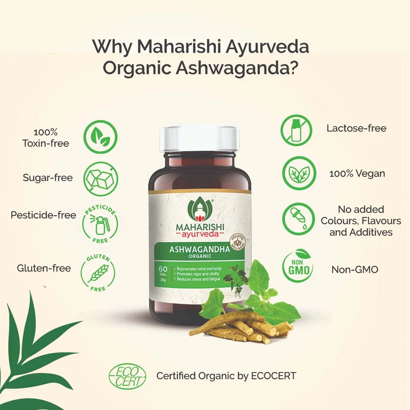 Organic Ashwagandha | Certified by ECOCERT | Pure Ashwagandha Extracts | For Immunity, Stress Relief & General Wellness | 60 tablets pack