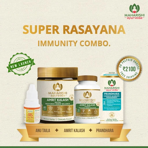 Super Rasayana Immunity Kit - Sugar Free (60 Amrit Kalash Nectar Tabs, 60 Amrit Kalash Ambrosia Tabs, 10 ml Anu Taila & 3ml Prandhara)