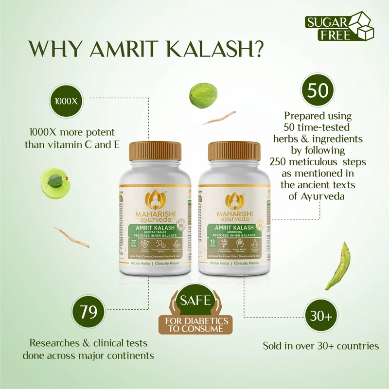 Maharishi Ayurveda Amrit Kalash Sugar Free | Super Rasayana for Perfect Health | Restores Innate Immunity | Helps Preserve Youthfulness | Helps Heart Health | Daily Health & Longevity | Ideal for Diabetics | 60 Nectar & 60 Ambrosia Tablets