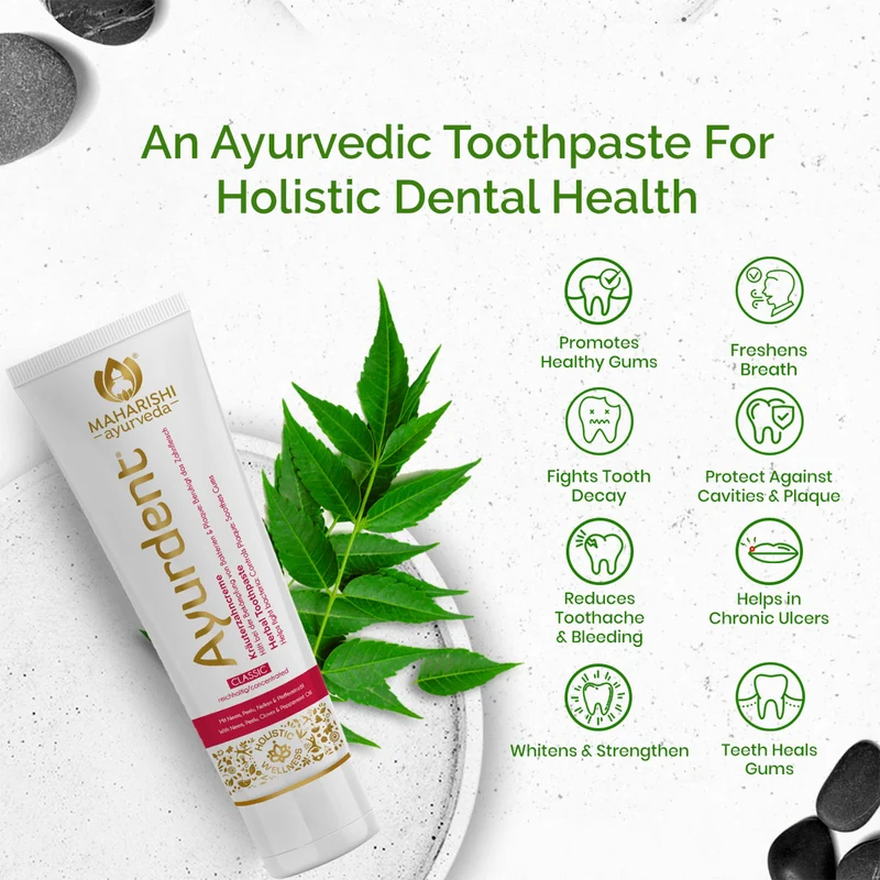 Maharishi Ayurveda Ayurdent Classic Toothpaste | Ayurvedic Tooth paste | SLS & Fluoride Free with Astringent, Antioxidant & Anti Bacterial | Whitens & Strengthens Teeth | Protects against Plaque, Tartar, Cavity, Tooth Decay & Bad Breath