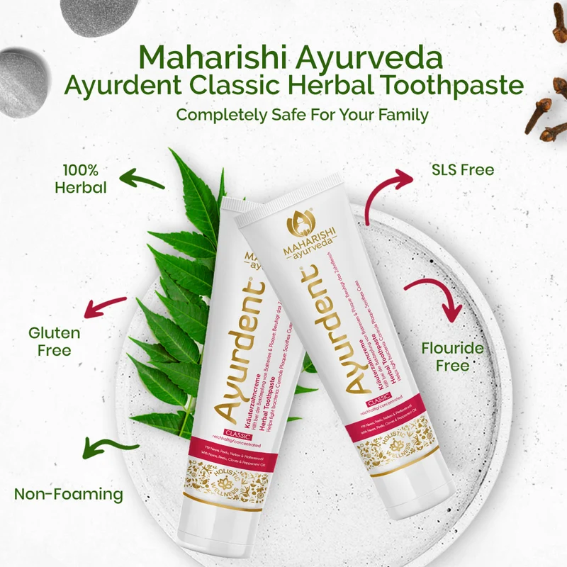 Maharishi Ayurveda Ayurdent Classic Toothpaste | Ayurvedic Tooth paste | SLS & Fluoride Free with Astringent, Antioxidant & Anti Bacterial | Whitens & Strengthens Teeth | Protects against Plaque, Tartar, Cavity, Tooth Decay & Bad Breath