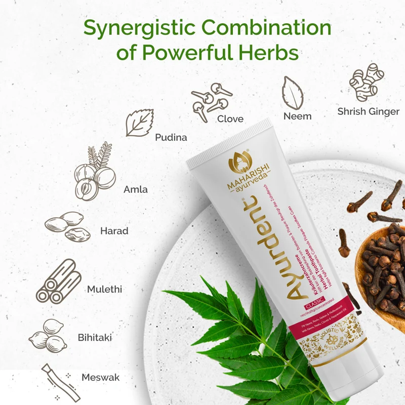 Maharishi Ayurveda Ayurdent Classic Toothpaste | Ayurvedic Tooth paste | SLS & Fluoride Free with Astringent, Antioxidant & Anti Bacterial | Whitens & Strengthens Teeth | Protects against Plaque, Tartar, Cavity, Tooth Decay & Bad Breath