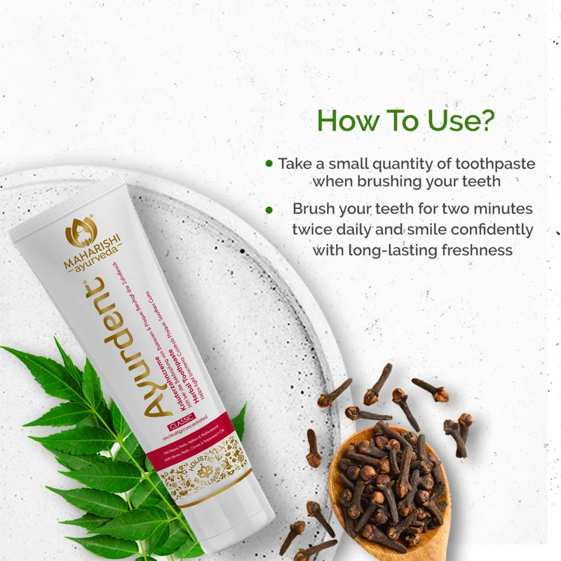 Maharishi Ayurveda Ayurdent Classic Toothpaste | Ayurvedic Tooth paste | SLS & Fluoride Free with Astringent, Antioxidant & Anti Bacterial | Whitens & Strengthens Teeth | Protects against Plaque, Tartar, Cavity, Tooth Decay & Bad Breath