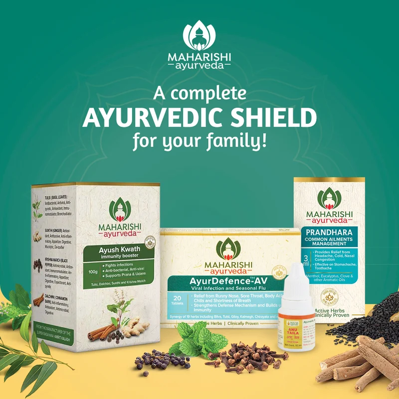 Ayur Defence Shield - Complete Protection Against Seasonal Infections & Flu (Ayush Kwath 100gms, Ayur Defence AV 20 Tabs, Anu Taila 10ml & Prandhara 3ml)