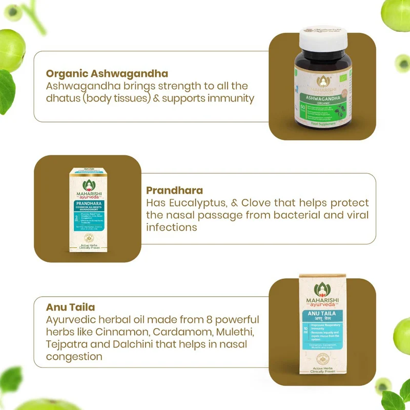 Immunity+ Kit - Complete Family Protection (Chyavanprash 500gms, Organic Ashwagandha 60 Tabs, Prandhara 3ml & Anu Taila 10 ml)