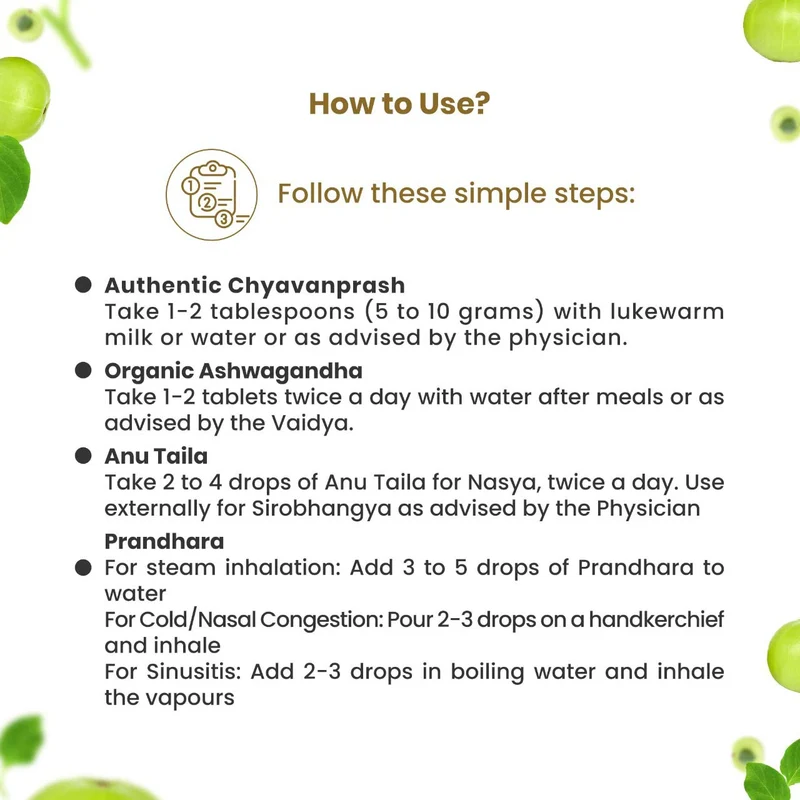 Immunity+ Kit - Complete Family Protection (Chyavanprash 500gms, Organic Ashwagandha 60 Tabs, Prandhara 3ml & Anu Taila 10 ml)