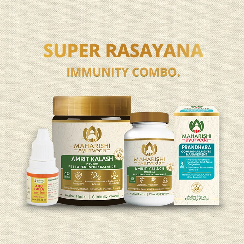 Super Rasayana Immunity Kit - For Active Mind & Body (600gms Amrit Kalash Nectar Paste, 60 Amrit Kalash Ambrosia Tabs, 10 ml Anu Taila & 3ml Prandhara )