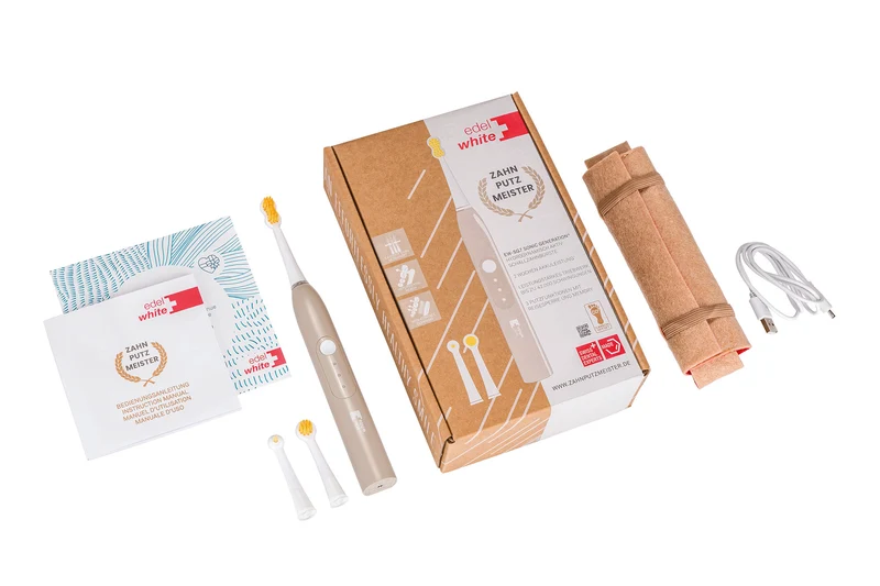 edelwhite Schallzahnbürste Zahnputzmeister Hydrodynamisch aktiv mit 3 Putzfunktionen, Reisesperre und Memoryfunktion in umweltfreundlicher Verpackung, inkl. 3 Spezial Bürstenköpfe und ÖKOFILZTASCHE GRATIS
