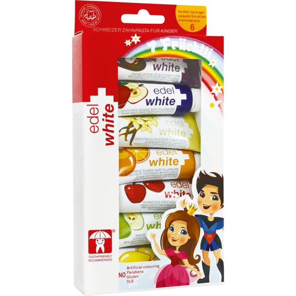 edelwhite 7 Früchtli Kräuterzahnpasta Kinder 7 x 9,4 ml edel+white Schweizer Kinder-Zahncreme 0-6 Jahre