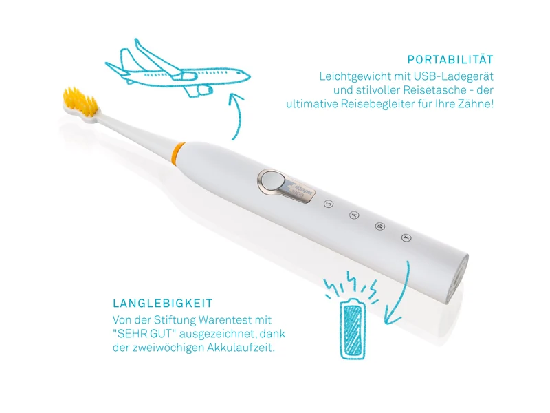 edelwhite Sonic Generation Health Suite 8+ Schallzahnbürste Ultrasoft INKL. 4 ERSATZKÖPFE (UVP 59,96€) STIFTUNG WARENTEST NOTE 1,9 GUT /SEHR GUT " ausgezeichnet dank 2-wöchigen Akkulaufzeit" , inkl. Reisehandtuch