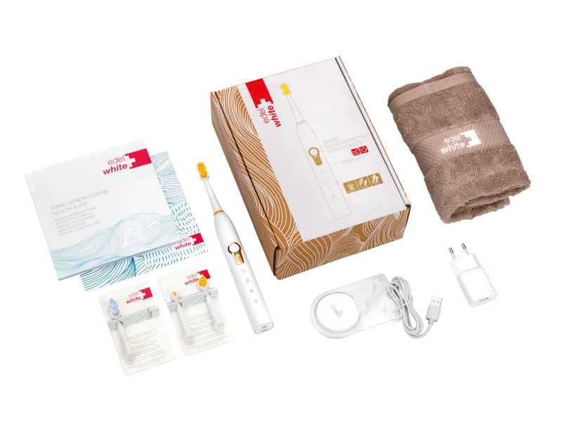 edelwhite Sonic Generation Health Suite 8+ Schallzahnbürste Ultrasoft INKL. 4 ERSATZKÖPFE (UVP 59,96€) STIFTUNG WARENTEST NOTE 1,9 GUT /SEHR GUT " ausgezeichnet dank 2-wöchigen Akkulaufzeit" , inkl. Reisehandtuch