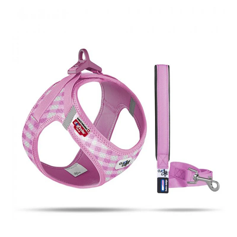 VEST HARNESS CURLI CLASP AIR-MESH & LEASH PINK-CARO