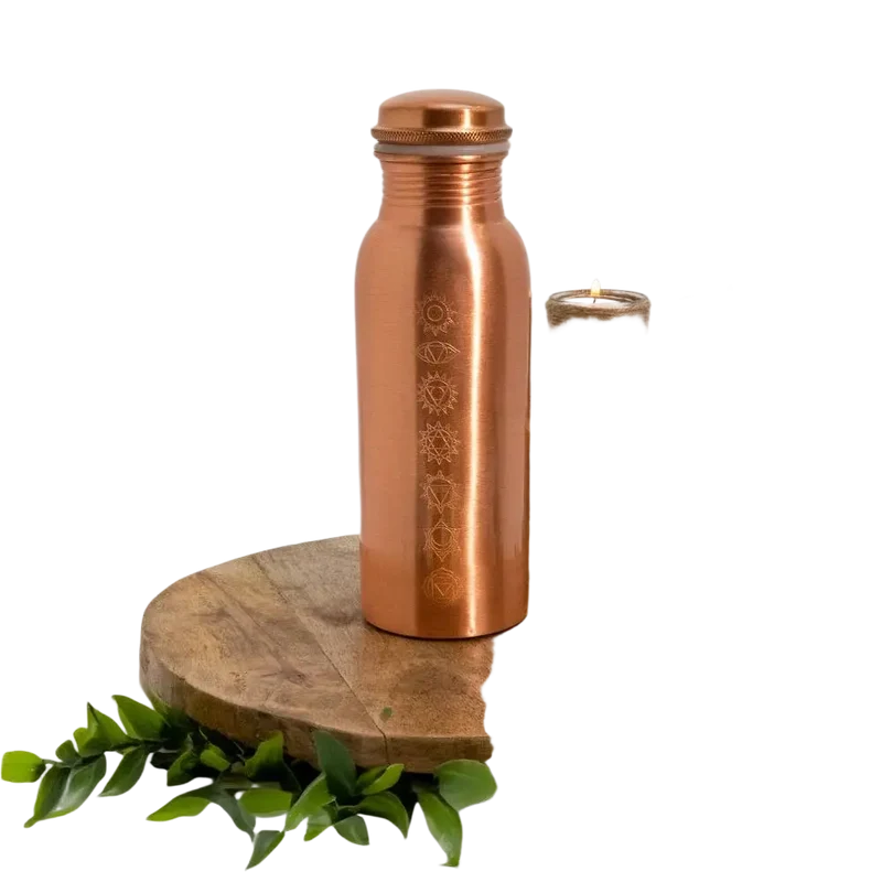 Reine Kupferwasserflasche 7 Chakren mattes Finish ± 750 ml – Handgefertigte Ayurveda Kupferflasche