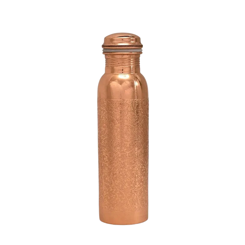 Reine Kupferwasserflasche Blumenmuster ± 950 ml – Handgefertigte Ayurveda Kupferflasche