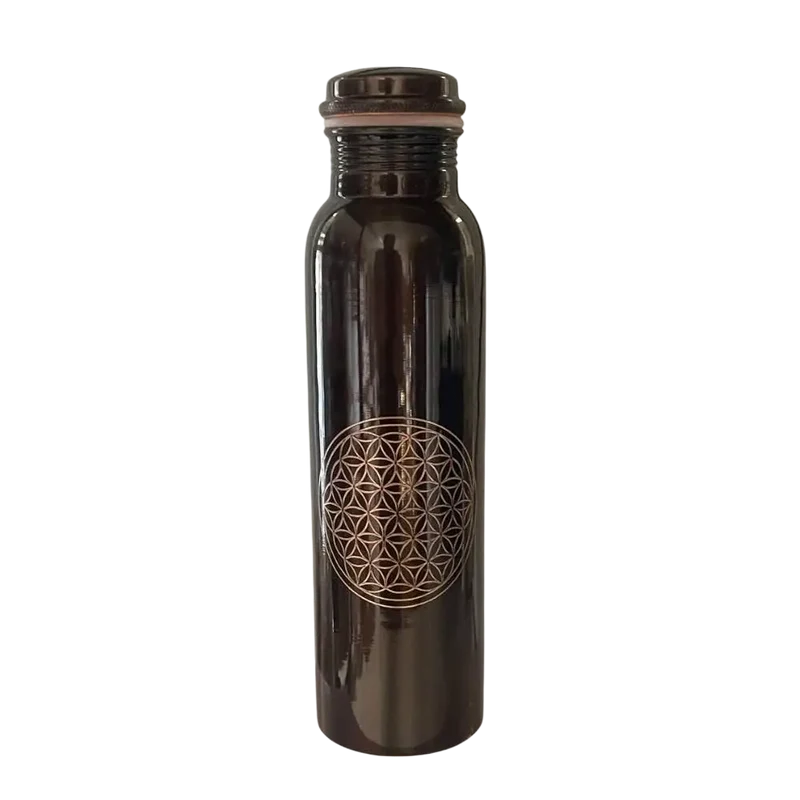 Reine Kupferwasserflasche Blume des Lebens Antik – 950 ml | Handgefertigte Ayurveda Kupferflasche