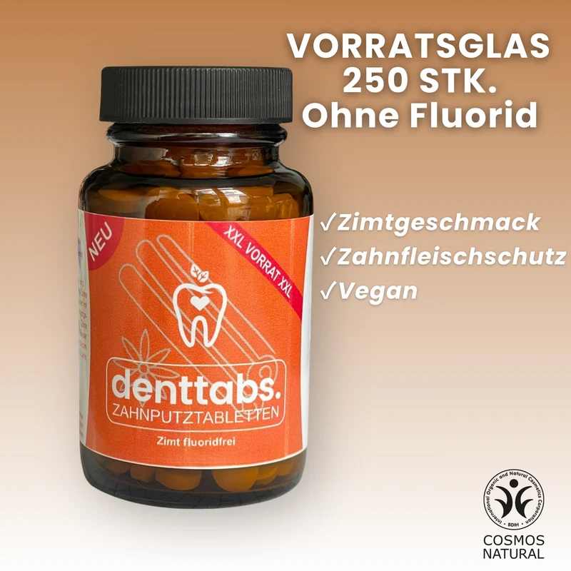 denttabs Zahnputztabletten mit leckerem Zimtgeschmack im xxl Glas 250 Stk fluoridfrei