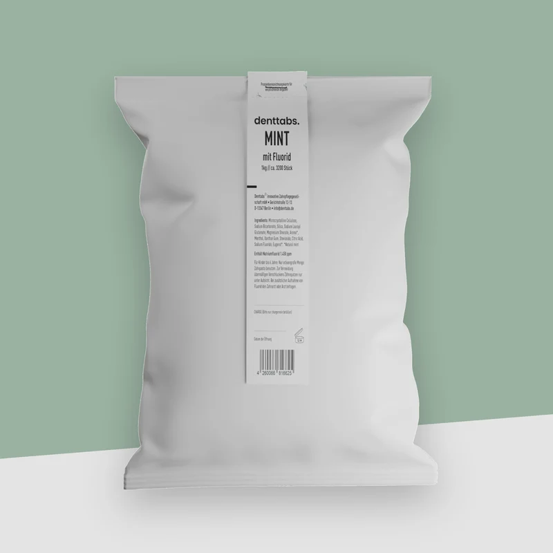 Denttabs Zahnputztabletten im 1kg Beutel aus kompostierbarer Folie