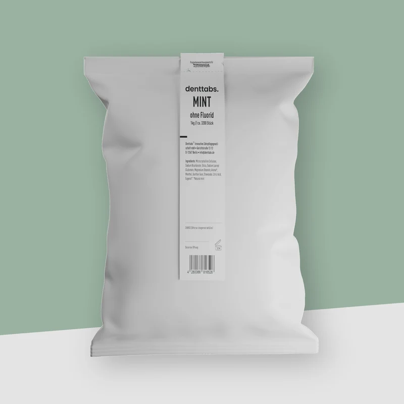 Denttabs Zahnputztabletten im 1kg Beutel aus kompostierbarer Folie