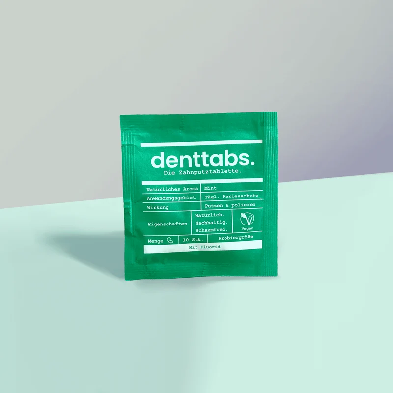 Denttabs Zahnputztabletten Probiertütchen zum testen 10 Tabs, ausreichend für 5 Tage Zähneputzen
