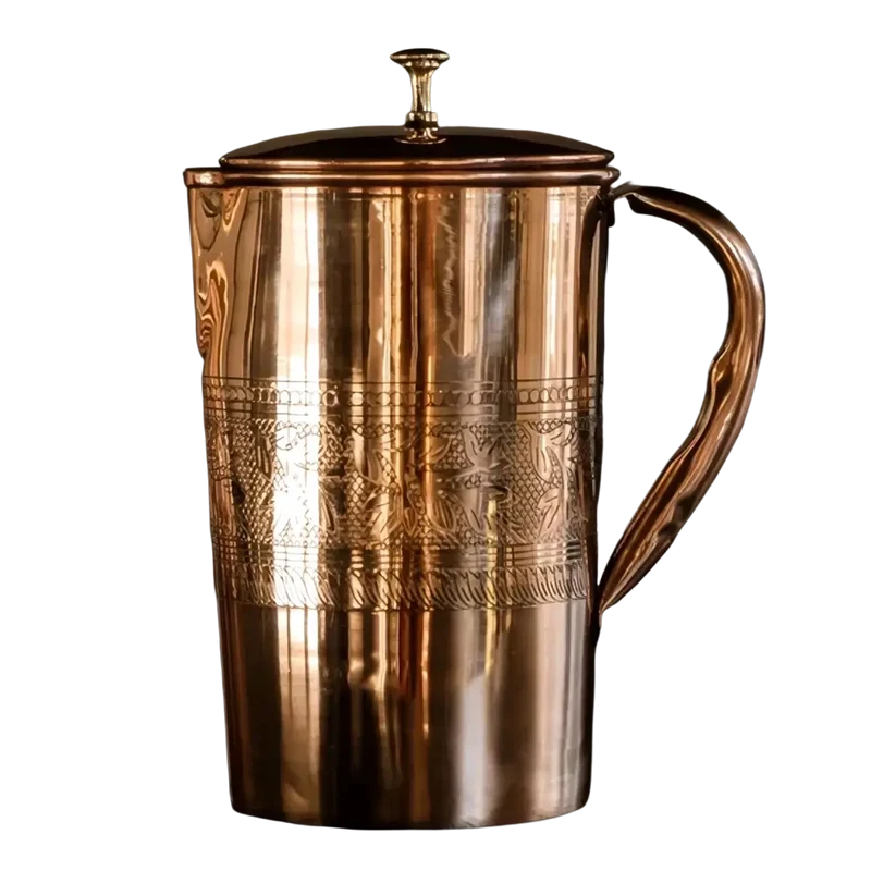 Ayurveda Specialist- Reine Kupferkaraffe mit Griff und Blumenprägung, 1.5l