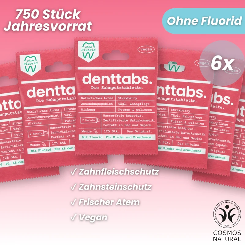 Denttabs Strawberry ohne Fluorid Jahresvorrat