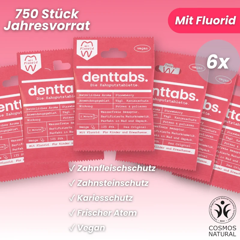 Denttabs Strawberry mit Fluorid Jahresvorrat